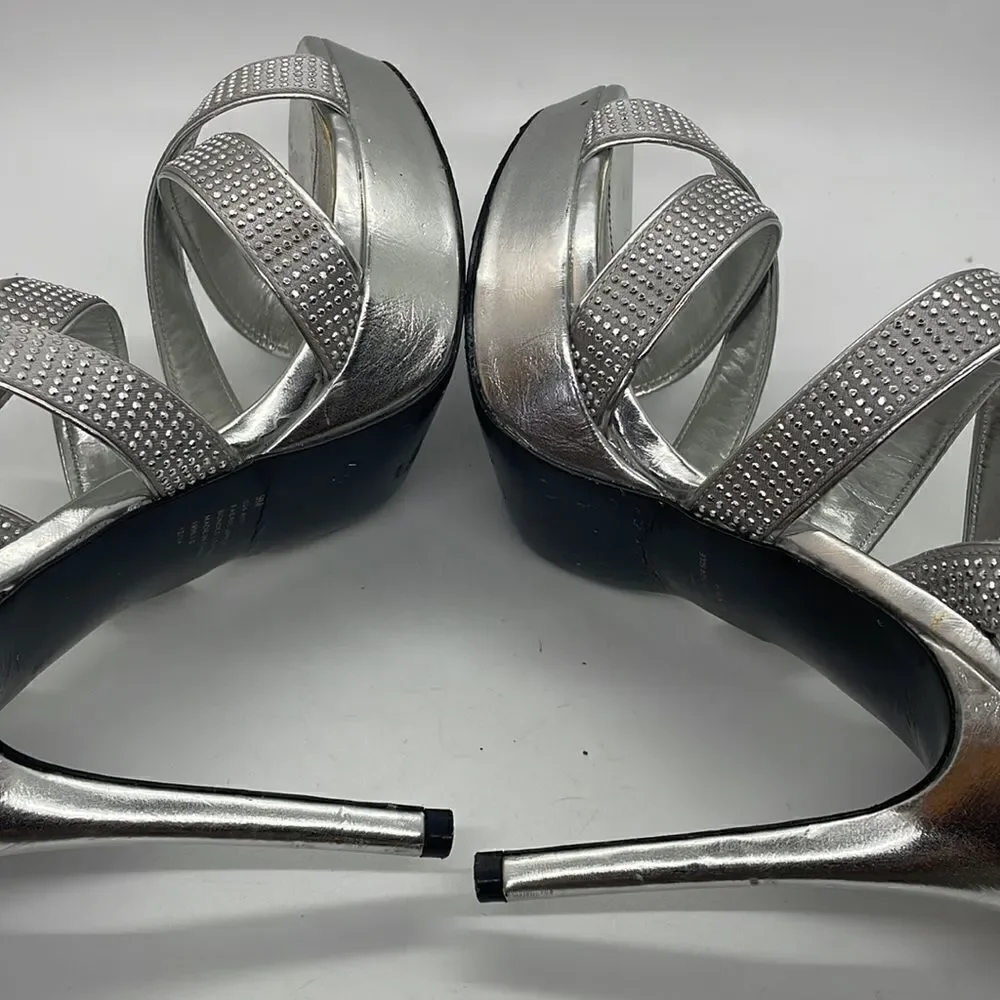 L Miller Beautiful Shoes  Silver Rhinestones Wrap Ankle 9M Sexy Dressy